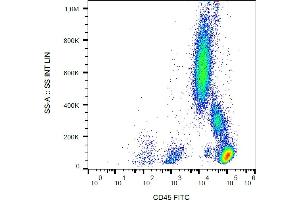 Flow cytometry analysis (surface staining) of human peripheral blood cells with anti-human CD45 (MEM-28) FITC.