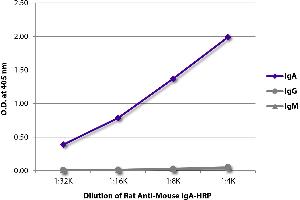 ELISA plate was coated with purified mouse IgM, IgG, and IgA. (Rat anti-Mouse IgA (Heavy Chain) Antibody (HRP))