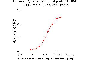 ELISA plate pre-coated by 2 μg/mL (100 μL/well) Human IL6R, His tagged protein (ABIN6964085) can bind Human IL6, mFc-His tagged protein (ABIN6961105) in a linear range of 0. (IL-6 Protein (mFc-His Tag))