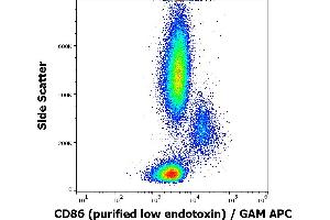 Flow cytometry surface staining pattern of human peripheral blood stained using anti-human CD86 (BU63) purified antibody (low endotoxin, concentration in sample 3 μg/mL) GAM APC.