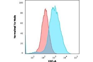 Flow Cytometric Analysis of PFA-fixed MCF-7 cells using Catenin, gamma Mouse Monoclonal Antibody (rCTNG/1664) followed by goat anti-Mouse IgG-CF488 (Blue); Isotype Control (Red). (Recombinant JUP antibody)