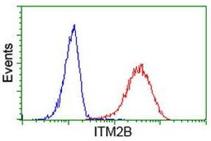 Flow cytometric Analysis of Hela cells, using anti-ITM2B antibody (ABIN2454457), (Red), compared to a nonspecific negative control antibody, (Blue). (ITM2B antibody)