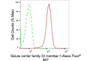 Flow cytometric analysis of Solute carrier family 22 member 1 expression in HepG2 cells using Solute carrier family 22 member 1 antibody (ABIN7800389), 1:2,000).
