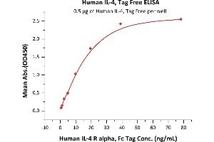 Immobilized Human IL-4, Tag Free (ABIN2181318,ABIN3071738) at 5 μg/mL (100 μL/well)can bind Human IL-4 R alpha, Fc Tag (ABIN6731257,ABIN6809937) with a linear range of 1-20 ng/mL (Routinely tested). (IL-4 Protein (AA 25-153))