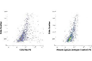 Flow cytometry surface staining patterns of KIR3DL3 (CD158z) transfected HEK-293 suspension stained using anti-human CD158z (CH21) PE antibody (concentration in sample 5 μg/mL, left) or mouse IgG2a isotype control (MOPC-173) PE antibody (concentration in sample 5 μg/mL, same as CD158z PE concentration, right). (KIR3DL3 antibody  (PE))