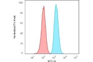 Flow Cytometric Analysis of PFA-fixed HeLa cells using GSTMu2 Mouse Monoclonal Antibody (CPTC-GSTMu2-2) followed by Goat anti-Mouse IgG-CF488 (Blue); Isotype Control (Red). (GSTM4 antibody)