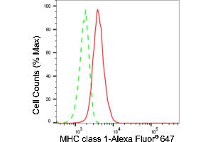 Flow cytometric analysis of MHC class 1 expression in HeLa cells using MHC class 1 antibody (ABIN7799404), 1:2,000).
