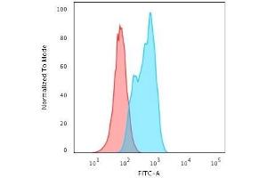 Flow Cytometric Analysis of A549 cells using MSH2 Mouse Monoclonal Antibody (MSH2/2622) followed by Goat anti-Mouse IgG-CF488 (Blue); Isotype Control (Red). (MSH2 antibody  (AA 327-427))