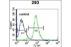 TNFSF15 Antibody (Center) (ABIN655822 and ABIN2845246) flow cytometric analysis of 293 cells (right histogram) compared to a negative control cell (left histogram). (TNFSF15 antibody  (AA 148-175))