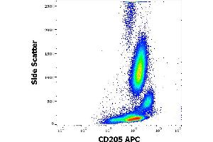 Flow cytometry surface staining pattern of human peripheral whole blood stained using anti-human CD205 (HD30) APC antibody (4 μL reagent / 100 μL of peripheral whole blood). (LY75/DEC-205 antibody  (APC))