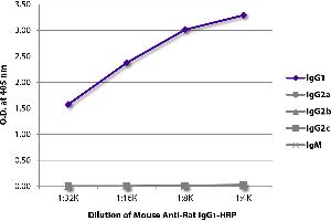 ELISA plate was coated with purified rat IgG1, IgG2a, IgG2b, IgG2c, and IgM. (Mouse anti-Rat IgG1 Antibody (HRP))