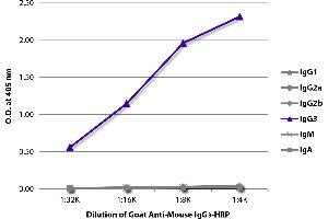 ELISA plate was coated with purified mouse IgG1, IgG2a, IgG2b, IgG3, IgM, and IgA. (Goat anti-Mouse IgG3 Antibody (HRP))