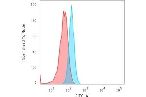 Flow Cytometric Analysis of PFA-fixed HeLa cells using Cytokeratin 15 Mouse MAb (KRT15/2957) followed by Goat anti-Mouse IgG-CF488 (Blue); Isotype Control (Red). (KRT15 antibody)