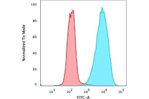 Flow cytometric analysis of PFA-fixed MCF-7 cells stained with EpCAM Mouse Recombinant Monoclonal Antibody (rMOC-31) followed by goat anti-mouse IgG-CF488 (blue), isotype control (red). (Recombinant EpCAM antibody)