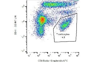 Flow cytometry analysis (surface staining) of human peripheral blood with anti-CD9 (MEM-61) biotin / streptavidin-APC. (CD9 antibody  (Biotin))