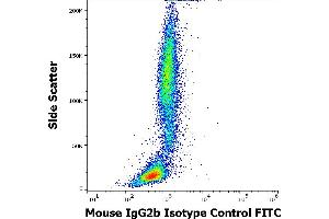 Flow cytometry surface nonspecific staining pattern of human peripheral whole blood stained using mouse IgG2b Isotype control (MPC-11) FITC antibody (concentration in sample 8 μg/mL). (Mouse IgG2b isotype control (FITC))