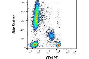 Flow cytometry surface staining pattern of human peripheral whole blood stained using anti-human CD4 (MEM-241) PE antibody (20 μL reagent / 100 μL of peripheral whole blood). (CD4 antibody  (N-Term) (PE))