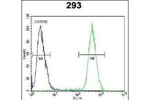 CLG Antibody (Center) (ABIN652066 and ABIN2840534) flow cytometric analysis of 293 cells (right histogr) compared to a negative control cell (left histogr). (CAMLG antibody  (AA 111-138))