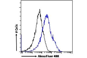 (ABIN184841) Flow cytometric analysis of paraformaldehyde fixed MCF7 cells (blue line), permeabilized with 0. (MXD3 antibody  (C-Term))