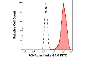 Separation of K562 cells stained using anti-PCNA (PC10) purified antibody (concentration in sample 4 μg/mL, GAM FITC, red-filled) from K562 cells unstained by primary antibody (GAM FITC, black-dashed) in flow cytometry analysis (intracellular staining). (PCNA antibody)