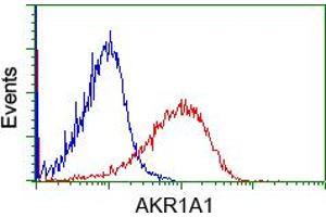 Flow cytometric analysis of Jurkat cells, using anti-AKR1A1 antibody (ABIN2452734), (Red) compared to a nonspecific negative control antibody (TA50011) (Blue). (AKR1A1 antibody)