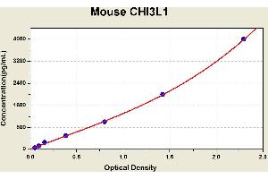 Diagramm of the ELISA kit to detect Mouse CH1 3L1with the optical density on the x-axis and the concentration on the y-axis. (CHI3L1 ELISA Kit)