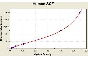 Diagramm of the ELISA kit to detect Human SCFwith the optical density on the x-axis and the concentration on the y-axis.