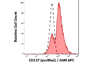 Separation of cells stained using anti-humam CD137 (4B4-1) purified antibody (concentration in sample 4 μg/mL, GAM APC, red-filled) from cells unstained by primary antibody (GAM APC, black-dashed) in flow cytometry analysis (surface staining) of human PHA stimulated peripheral blood mononuclear cell suspension . (CD137 antibody)