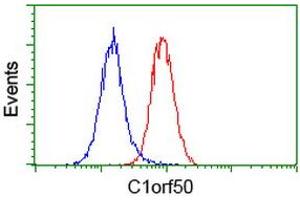 Flow cytometric Analysis of Hela cells, using anti-C1orf50 antibody (ABIN2454573), (Red), compared to a nonspecific negative control antibody, (Blue).