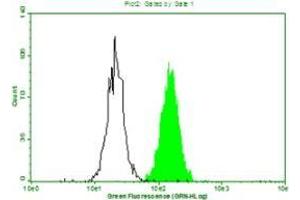 Above is the histogram of Hela cells stained with 10mg/mL anti-Human CRP mAb S5G1 and fluorescence labelled secondary antibody. (CRP antibody)