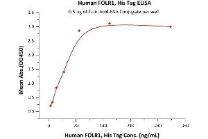 Immobilized Folic Acid-BSA Conjugate at 5 μg/mL (100 μL/well) can bind Human FOLR1, His Tag (ABIN6951041,ABIN6952269) with a linear range of 5-78 ng/mL (QC tested). (FOLR1 Protein (AA 25-233) (His tag))