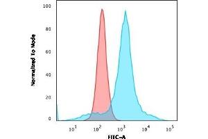 Flow Cytometric Analysis of U87MG cells using CD68 Mouse Monoclonal Antibody (LAMP4/824) followed by goat anti-Mouse IgG-CF488 (Blue); Isotype Control (Red). (CD68 antibody)
