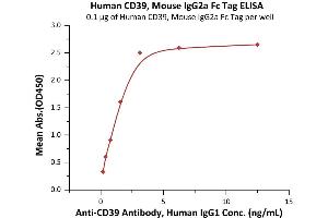 Immobilized Human CD39, Mouse IgG2a Fc Tag (ABIN6972988) at 1 μg/mL (100 μL/well) can bind A Antibody, Human IgG1 with a linear range of 0. (CD39 Protein (AA 38-478) (mFc Tag))