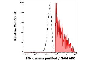 Separation of human IFN gamma positive lymphocytes (red-filled) from IFN gamma negative lymphocytes (black-dashed) in flow cytometry analysis (intracellular staining) of human PHA stimulated and Brefeldin A treated peripheral blood mononuclear cells stained using anti-IFN gamma (4S. (Interferon gamma antibody)