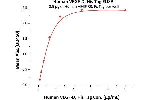 Immobilized Human VEGF R3, Fc Tag (ABIN5526635,ABIN5526636) at 5 μg/mL (100 μL/well) can bind Human VEGF-D, His Tag (ABIN2181913) with a linear range of 0. (VEGFD Protein (AA 93-201) (His tag))