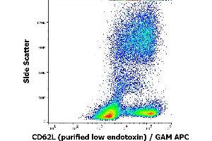 Flow cytometry surface staining pattern of human peripheral blood stained using anti-human CD62L (DREG56) purified antibody (low endotoxin, concentration in sample 1 μg/mL) GAM APC. (L-Selectin antibody)