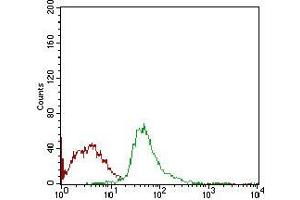 Flow cytometric analysis of Jurkat cells using SYCP3 mouse mAb (green) and negative control (red). (SYCP3 antibody  (AA 27-128))