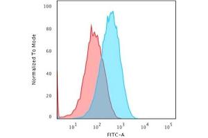 Flow Cytometric Analysis of paraformaldehyde-fixed HepG2 cells using Albumin Monospecific Mouse Monoclonal Antibody (ALB/2356) followed by goat anti-Mouse IgG-CF488 (Blue); Isotype Control (Red). (Albumin antibody)