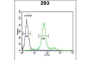 Flow cytometric analysis of 293 cells (right histogram) compared to a negative control cell (left histogram). (COL18A1 antibody  (N-Term))