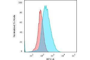 Flow Cytometric Analysis of PFA-fixed Jurkat cells using CD45 Mouse Monoclonal Antibody (2B11+PD7/26) followed by Goat anti- Mouse- IgG-CF488 (Blue); Isotype Control (Red). (CD45 antibody)