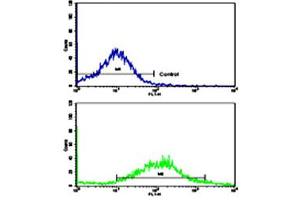 Flow cytometric analysis of NCI-H292 cells using CDH6 polyclonal antibody (bottom histogram) compared to a negative control cell (top histogram).