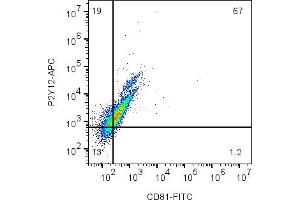 Cell surface multicolor flow cytometry analysis of live intact mouse  microglia cells with CD81 and P2Y12: cells were labeled with Anti-CD81 (extracellular)-FITC Antibody (ABIN7582017), (5 μg) and with Anti-P2Y12 Receptor (extracellular)-APC Antibody (ABIN7582062), (5 μg). (CD81 antibody  (Extracellular) (FITC))