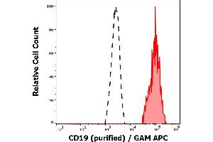 Separation of human CD19 positive lymphocytes (red-filled) from neutrofil granulocytes (black-dashed) in flow cytometry analysis (surface staining) of peripheral whole blood stained using anti-human CD19 (LT19) purified antibody (concentration in sample 0,33 μg/mL, GAM APC). (CD19 antibody)