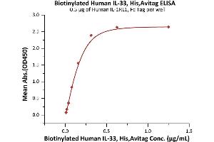 Immobilized Human IL-1RL1, Fc Tag (ABIN2181368,ABIN2181367) at 5 μg/mL (100 μL/well) can bind Biotinylated Human IL-33, His,Avitag (ABIN6973124) with a linear range of 0. (IL-33 Protein (AA 109-270) (His tag,AVI tag,Biotin))