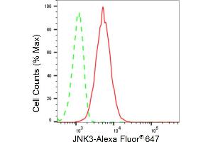 Flow cytometric analysis of JNK3 expression in HT- cells using JNK3 antibody (ABIN7799443), 1:2,000).