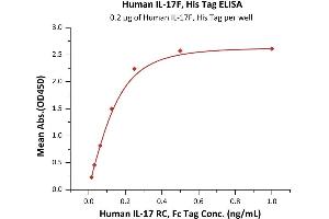 Immobilized Human IL-17F, His Tag (ABIN6973111) at 2 μg/mL (100 μL/well) can bind Human IL-17 RC, Fc Tag (ABIN6973109) with a linear range of 0. (IL17F Protein (AA 31-163) (His tag))