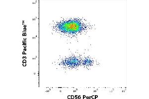 Flow cytometry multicolor surface staining of human lymphocytes stained using anti-human CD56 (LT56) PerCP antibody (10 μL reagent / 100 μL of peripheral whole blood) and anti-human CD3 (UCHT1) Pacific Blue antibody (4 μL reagent / 100 μL of peripheral whole blood). (CD56 antibody  (PerCP))