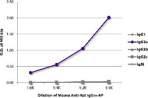 ELISA plate was coated with purified rat IgG1, IgG2a, IgG2b, IgG2c, and IgM. (Mouse anti-Rat IgG2a Antibody (Alkaline Phosphatase (AP)))