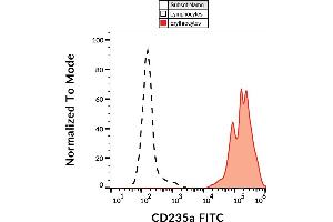 Flow cytometry analysis (surface staining) of human peripheral blood with anti-CD235ab (HIR2) FITC. (CD235ab antibody  (N-Term) (FITC))