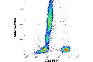 Flow cytometry surface staining pattern of human peripheral whole blood stained using anti-human CD3 (OKT3) FITC antibody (4 μL reagent / 100 μL of peripheral whole blood). (CD3 antibody  (FITC))